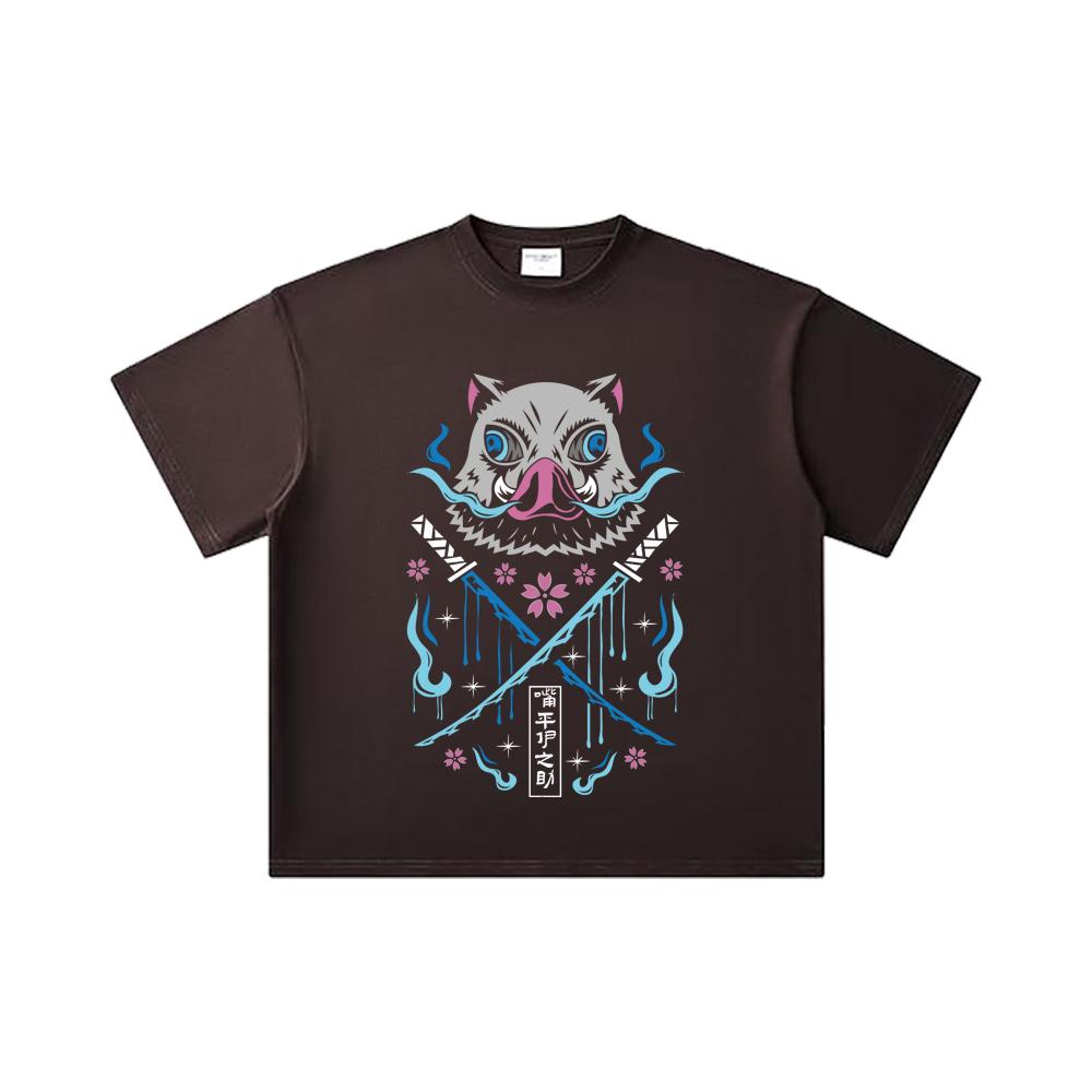 260 GSM Double Yarn 32 Count 100% Cotton Demon Slayer V97 Inosuke Print Unisex Heavy Cotton T Shirt