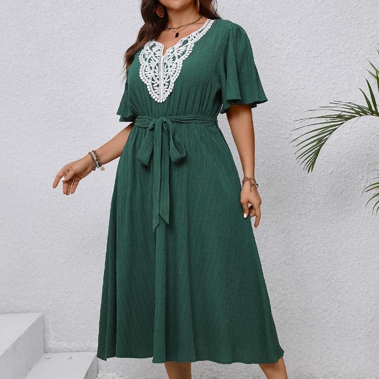 Elegant V-neck Lace Print Summer Casual Dress for Women High Waist Tie Long Maxi Ruffled Short Sleeve Breathable Work Vacation Plus Size Dress