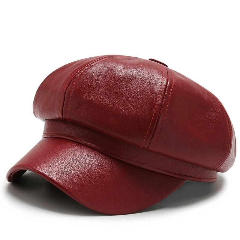 Retro PU Leather Octagonal Newsboy Hat Women's British Style Beret with Brim, Autumn and Winter Versatile Face Painter Hat