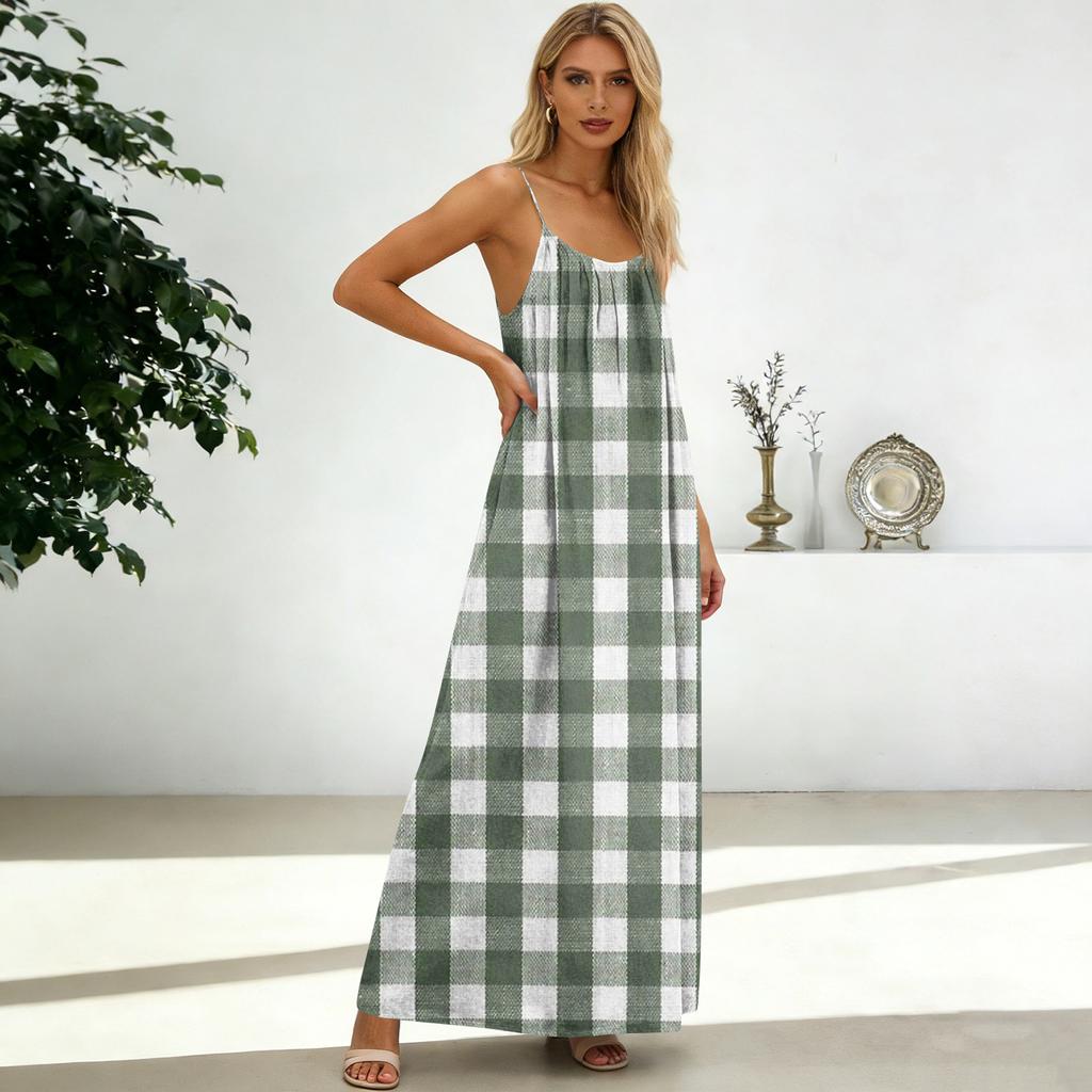 Women's Fashion Backless Spaghetti Strap Casual Loose-Fit Plaid Print Dress