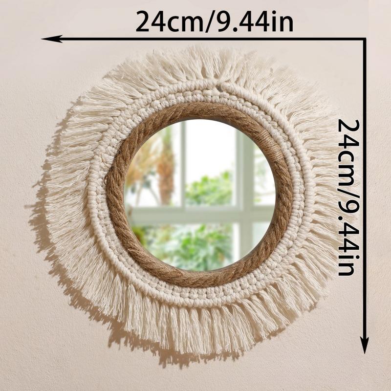 1pc Cotton Rope Woven Mirror Round Tassel Wall Hang Simple Tapestry For Home Bedroom Living Room Entry Art Decor