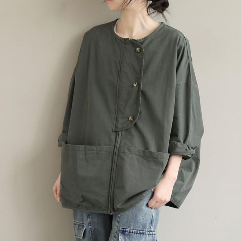 Women's Long-Sleeve Short Jacket with Patchwork Pockets Loose Slimming Solid-Color Outerwear Top for Autumn