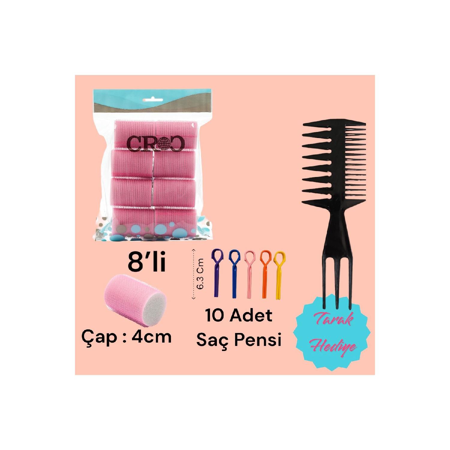 

1207 Розовые бигуди на липучке, 8 шт., диаметр 4 см, клейкие бигуди для волос (с 10 щипцами для волос) розовый