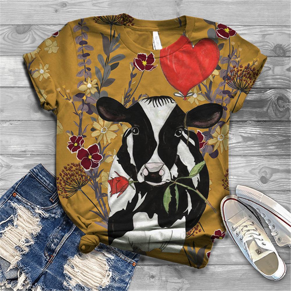 Women's T-shirt Short Sleeve Summer Everyday Animation Horse Digital 3D Print Sexy Diagonal Collar Top Loose Female Pullover