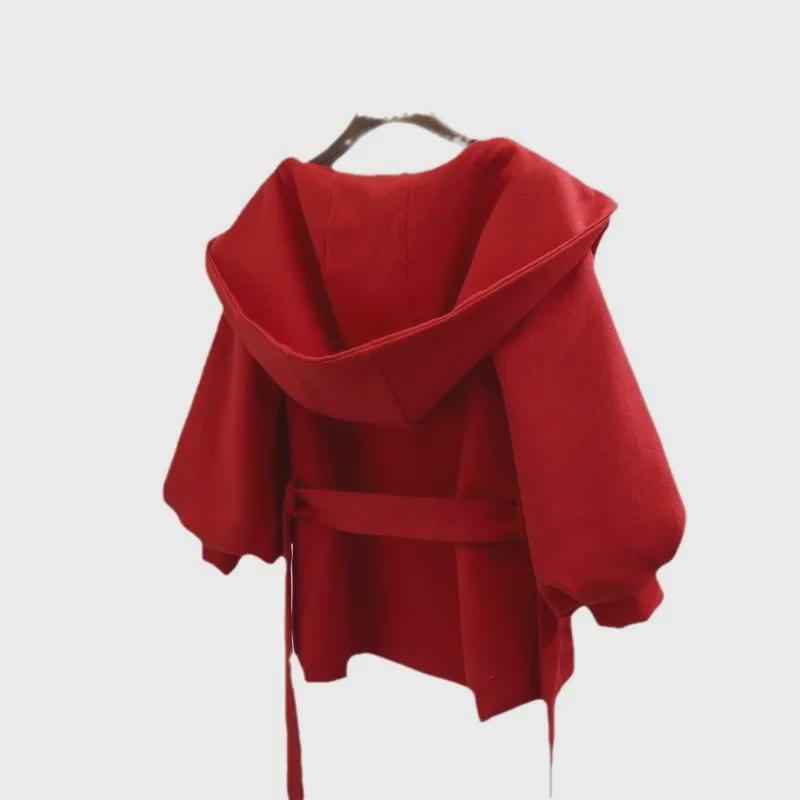 Korean Style Red Wool Cape Coat with Hood and Tie, Lantern Sleeves, Trendy Short Design for Petite Women