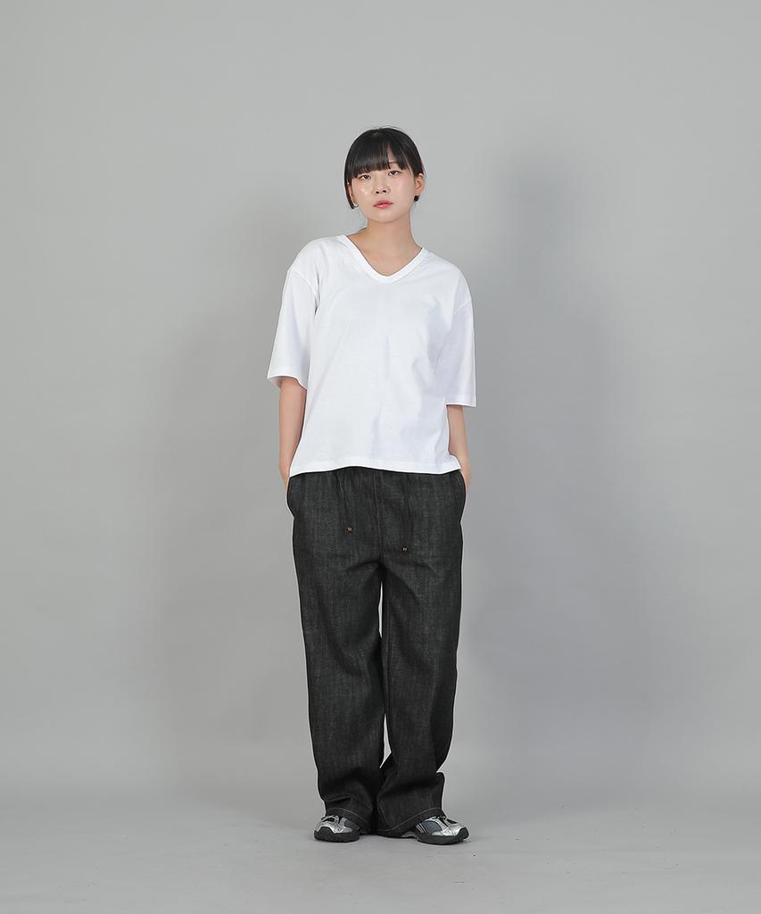 SAINTCREW Pocketless Work Elastic Waist Wide Pants Eww-385 Denim Black