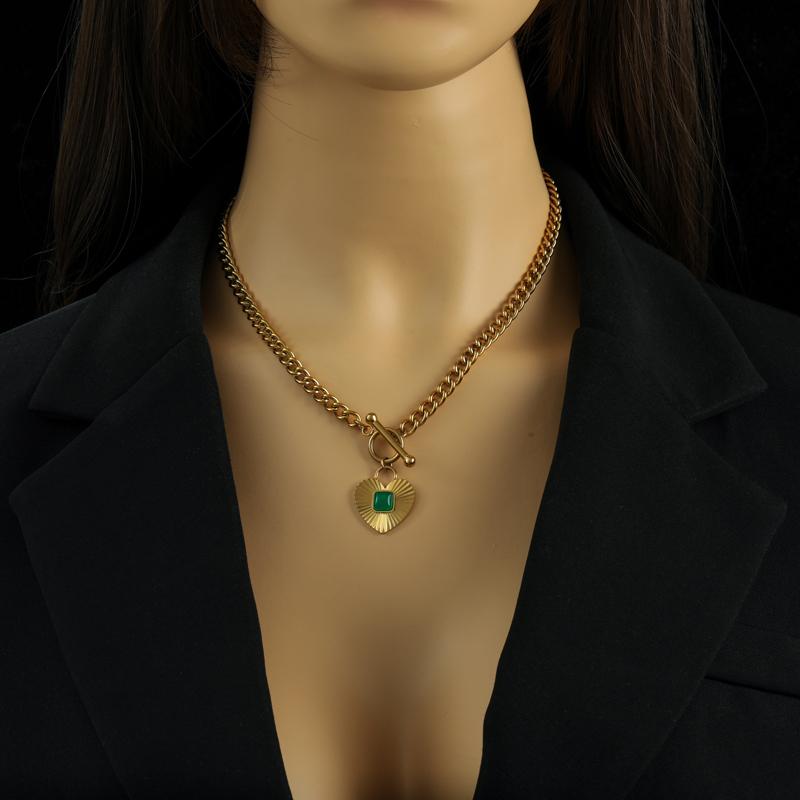Stainless Steel Heart Love Green Crystal Pendant Necklace Earrings for Women Party Punk Jewelry Gift