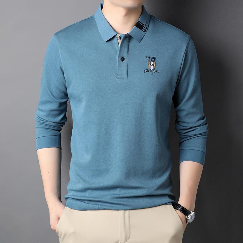 Spring New Men's Long-sleeved T-shirt Solid Color Fashionable Casual Lapel Middle-aged T-shirt Loose Polo Shirt