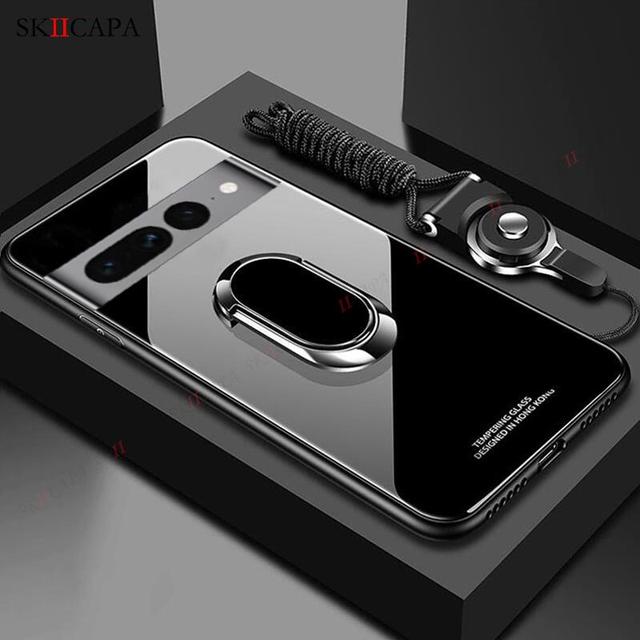 

Чехлы для Google Pixel 7 Pro, мягкий силиконовый чехол из закаленного стекла для Google Pixel 6 7 Pro 5A 5 5XL, шейный ремешок, ремешок, магнитное кольцо, держатель-подставка, чехол For Pixel 7 чёрный