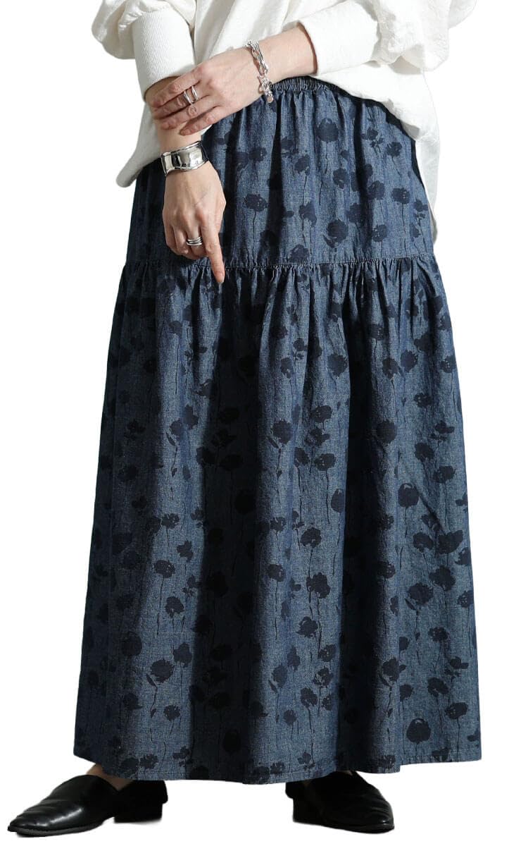 

[Gold Japan] Plus Size Women s Skirt Bottoms Long Maxi Tiered Floral Flare Pocket Elastic Waist Spring Summer Autumn sw-0857 LL-3L Blue