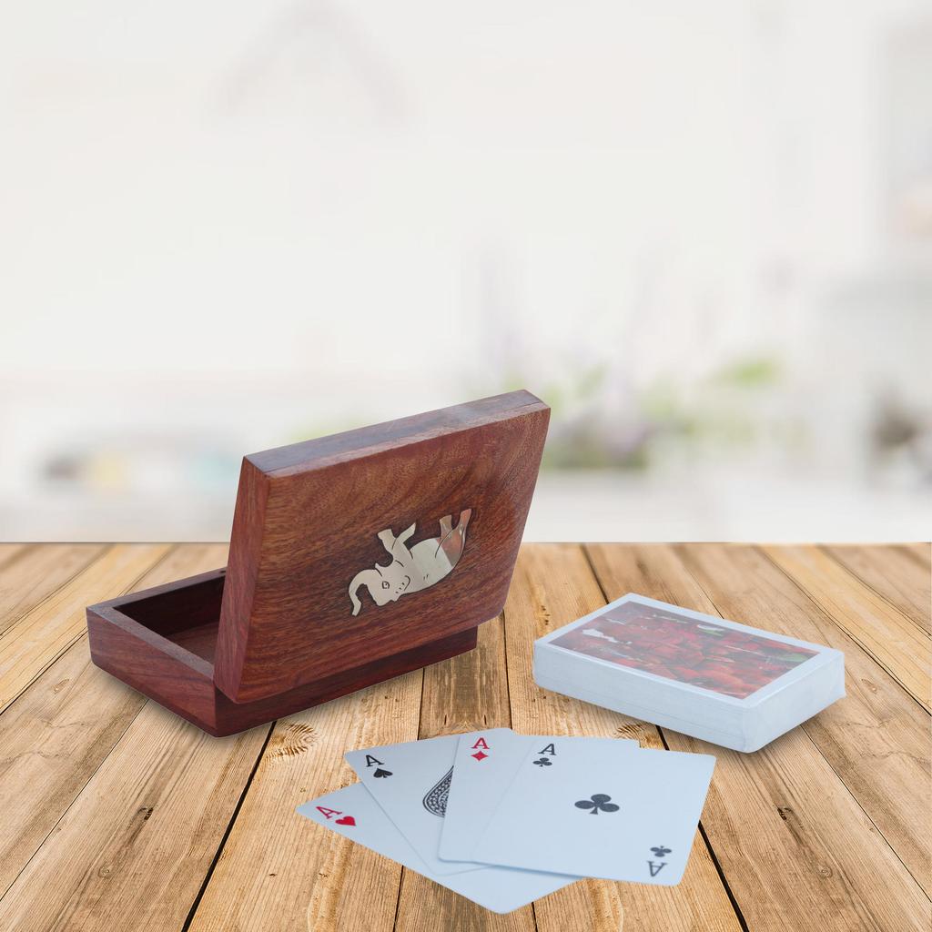 Shriji Crafts Wooden Playing Card Deck Holder Box with Elephant Design
