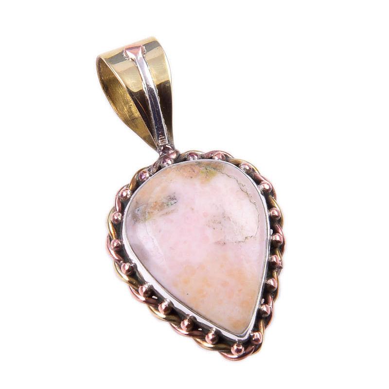 Natural Pink Opal Gemstone 925 Solid Sterling Silver Two Tone Pendant 1.25" P1L06