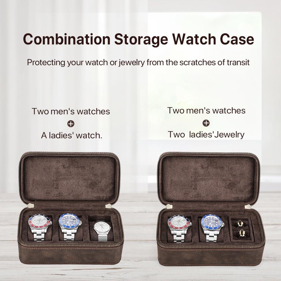 Vintage Crazy Horse Leather Watch and Jewelry Travel Box - Genuine Three-Piece Storage, Portable Ornament Gift Case.