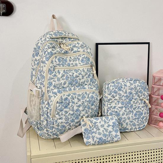 3 Pcs/Set Floral Backpack Women Flower Rucksack Shoulder Bag Makeup Pouch Quilted Daypack for Girls School Work Travel
