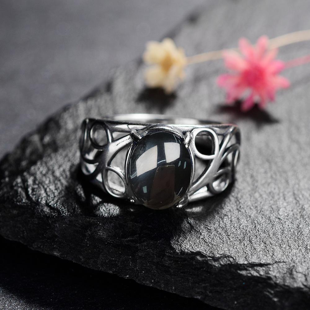 S Silver Ring for Women Oval Round Natural Black Agate Ring Gift Sun Shaped Retro Luxury Fine