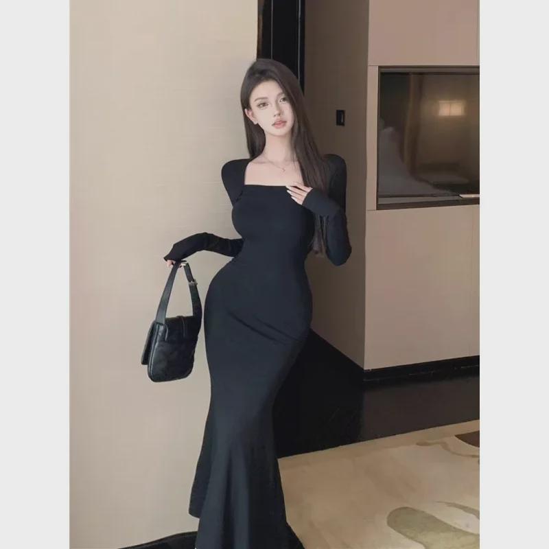 2024 Autumn/Winter Women's Royal Style Square Collar Slim Fit Fishtail Dress
