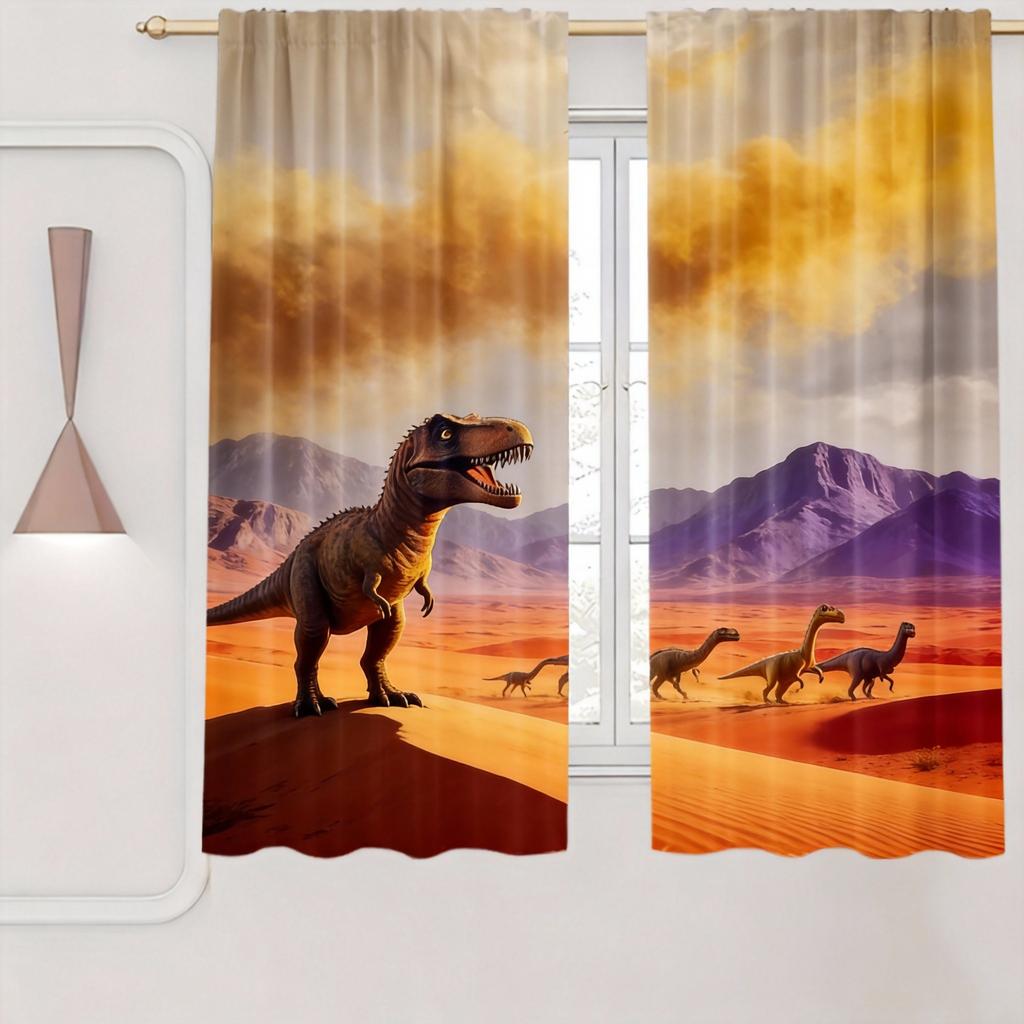 Dinosaur Curtains 2pcs – T-Rex & Jurassic Jungle Scene, Realistic Prehistoric Animal Print for Kids’ Bedroom and Playroom Decor