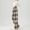 Women's Retro Black & White Plaid Wool Blend Wide-Leg Pants: Fleece-Lined, Thickened, Loose Fit for Autumn/Winter Casual Style.
