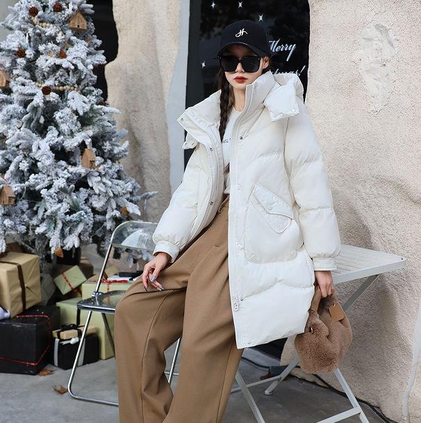 Women's Winter Autumn Thick Hooded White Duck Down Jacket Coat Loose Middle Long Solid Color Big Pocket Detachable Hat Down Coat