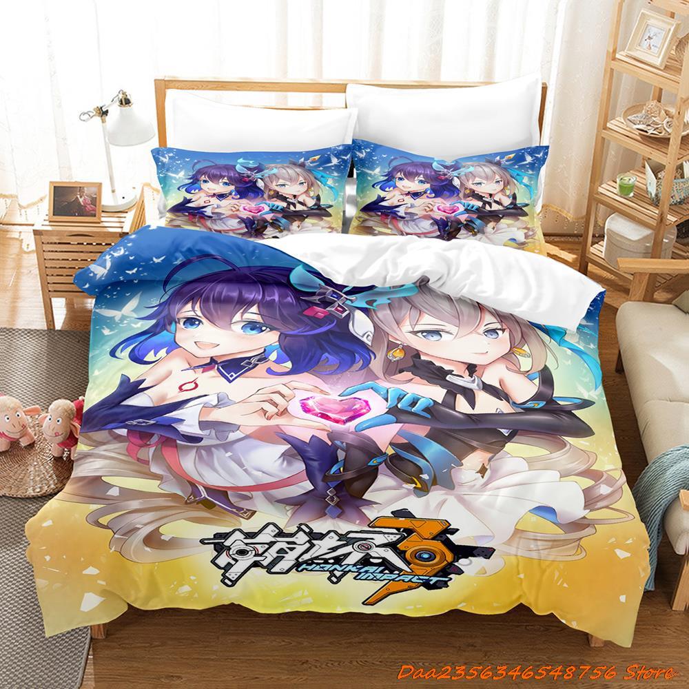 Bettdecke Honkai Impact 3 Bettwäsche-Set Cartoon Anime Dreiteiliges Set Erwachsener Kind Schlafzimmer Bettdecken-Sets 3D Kawaii Mädchen Niedlich Damen Bettwäsche-Set