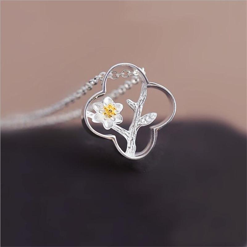 New Simple Flower Exquisite 925 Sterling Silver Jewelry Plum Blossom Hollow Clover Tree Clavicle Chain Pendant Necklaces HZX437