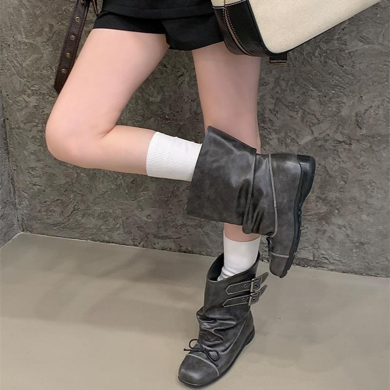 New bow short boots women's ballet style retro old short tube pleated black boots women's original