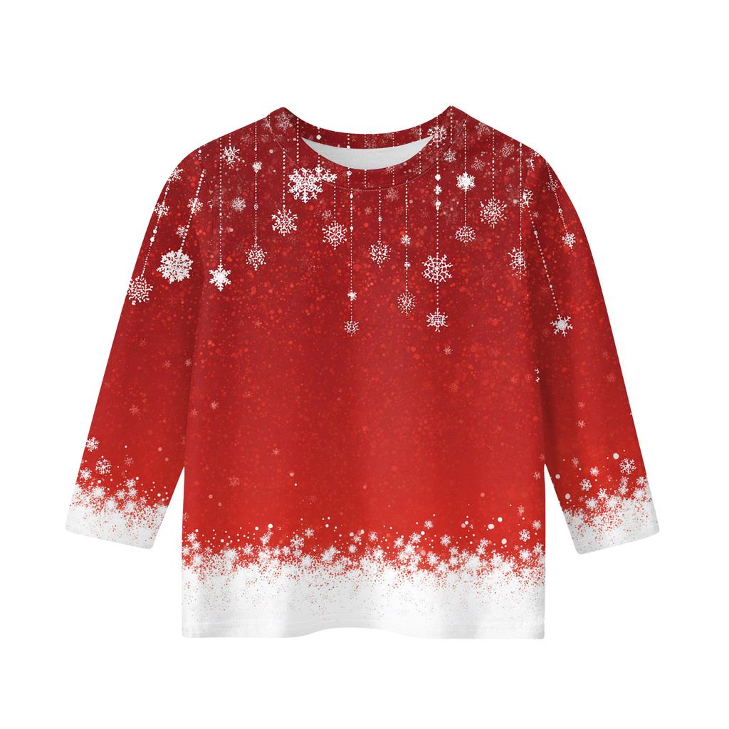 Christmas Day Print Tops For Youth Girls 4-11 Years Round Neck 3/4 Sleeves T-Shirts Trendy Tops Outfit Tees