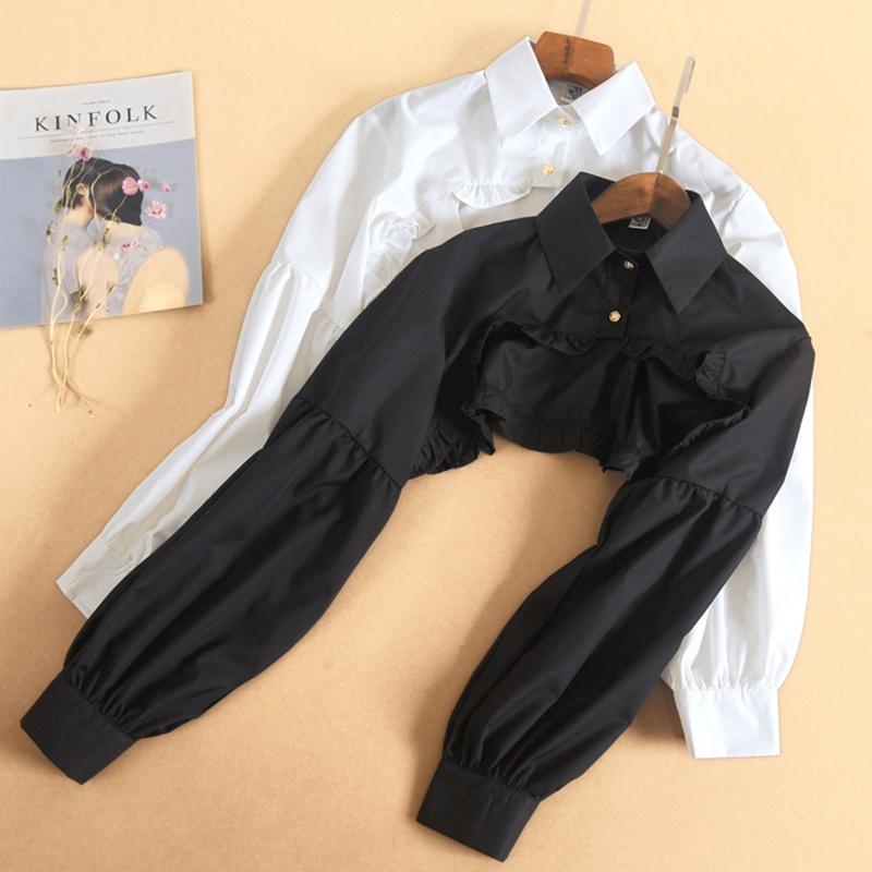 Steampunk Puff Long Sleeve Detachable Dickey Blouse Vintage Lapel False Collar Cutout Cropped Half Shirt Top for Women