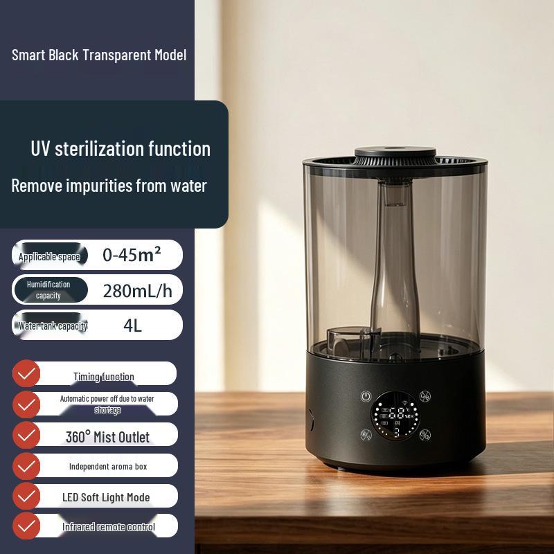 Smart Black Desktop Humidifier: Large Mist, Water Timing, Aromatherapy, Clear Tank for Home Bedroom