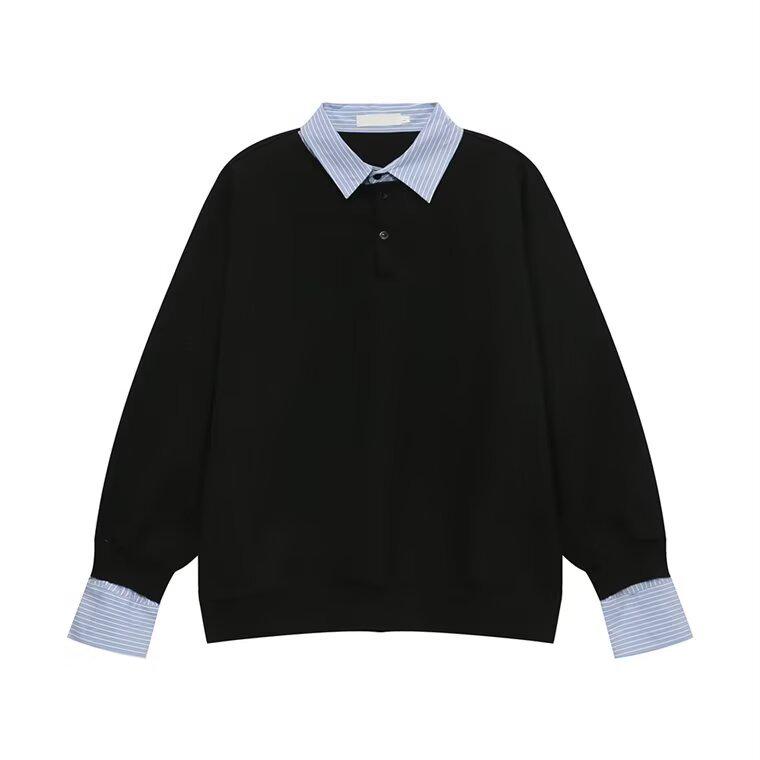 Men's Color-Block Polo Sweatshirt: Fake Two-Piece, Loose Fit, Long Sleeve, Lapel Design, Spring/Autumn Casual Versatile Top.