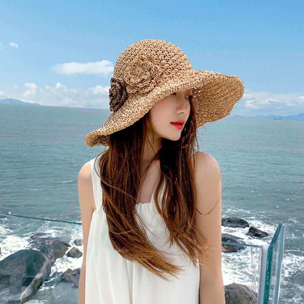 Beach Cap Lafite Straw Hat Wide Brim Weave Straw Cap Simple Flower Sun Hat  Spring