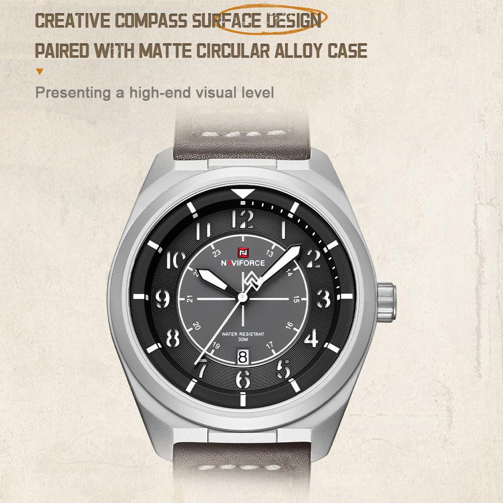 NAVIFORCE Original Men Fashion Quartz Watch Leather Strap 30m Waterproof Calendar Compass Design Men Leisure Business Watch NF9281L