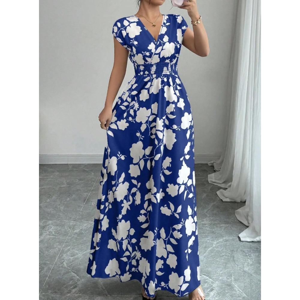 Nuevo Vestido Largo Estampado de Verano con Cuello en V y Manga Corta con Lazo para Mujer Cintura Ajustada