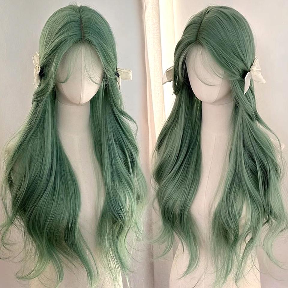 Professional  Long Colorful Synthetic Cosplay Lolita Harajuku Wig With Bangs Natural Wavy Wigs White Green Daily Wigs