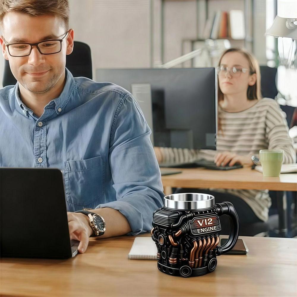 Taza de acero inoxidable con asa para motor V12, estilo retro, con aislamiento, ideal como regalo para hombres y niños.