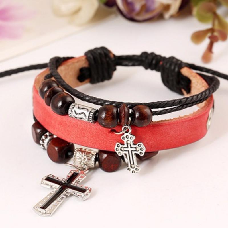 Beaded cross leather bracelet real leather bracelet punk style