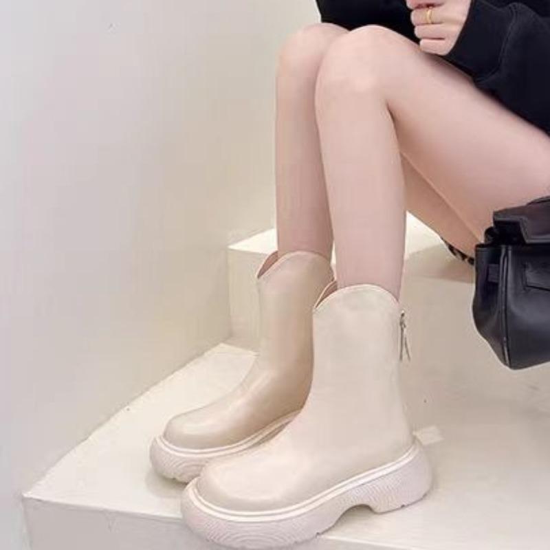 Fashion Platform Mid-tube Shoes Autumn and Winter New Round Toe Rear Zipper Non-slip Waterproof Soft-soled Shoes