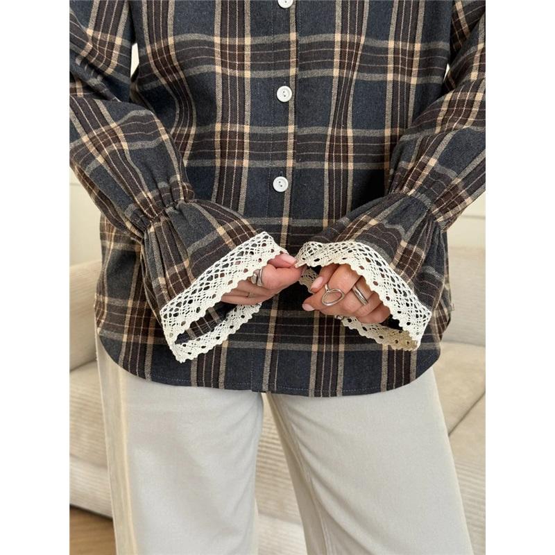 Women Plaid Button Down Shirt Lapel Collar Long Sleeve Lace Cuff Casual Loose Blouse