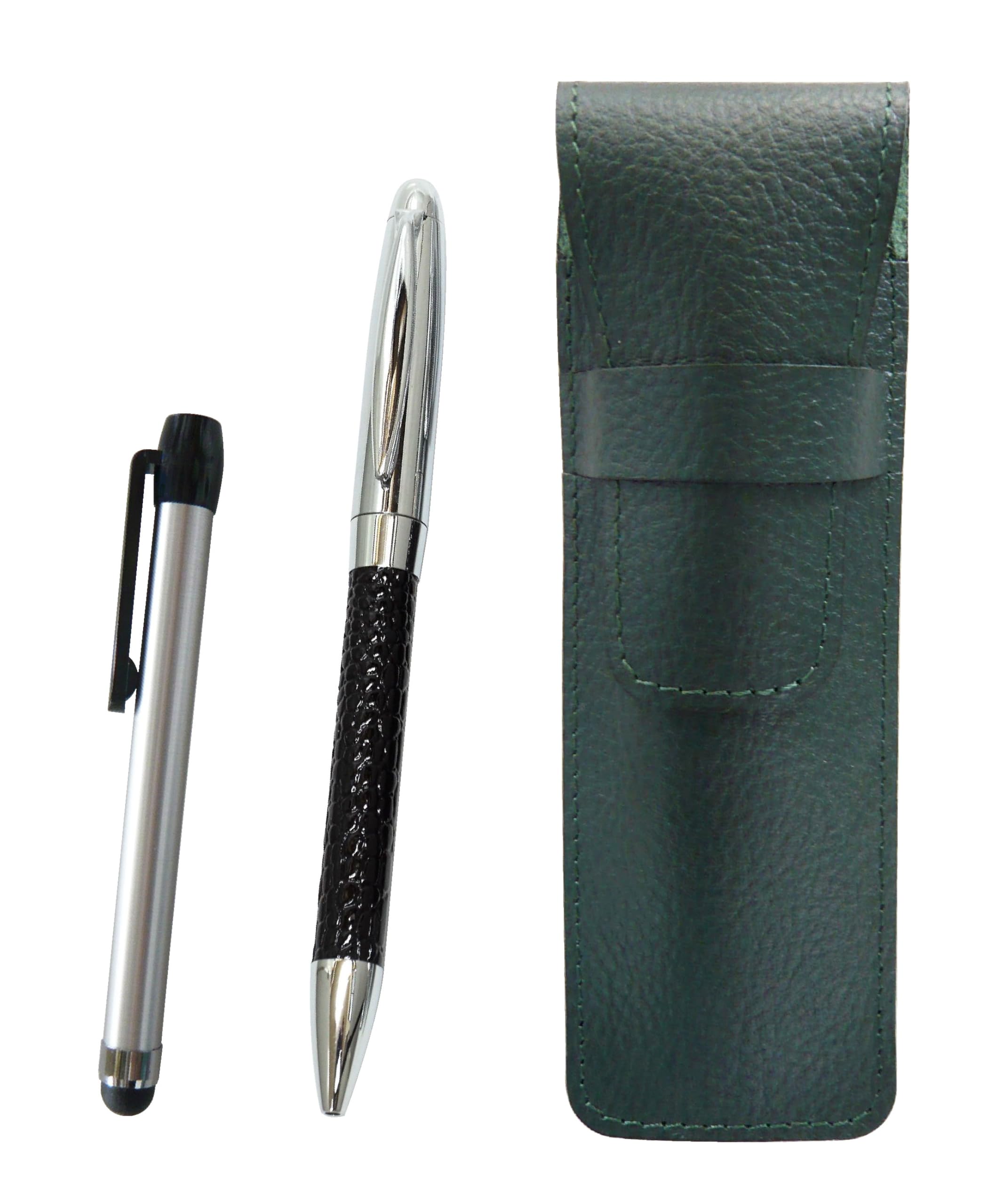 

Grained leather pencil case moss green metal touch silver bar and genuine leather wrapped rotating ballpoint pen director set black SASMG-ALST-PD03-B