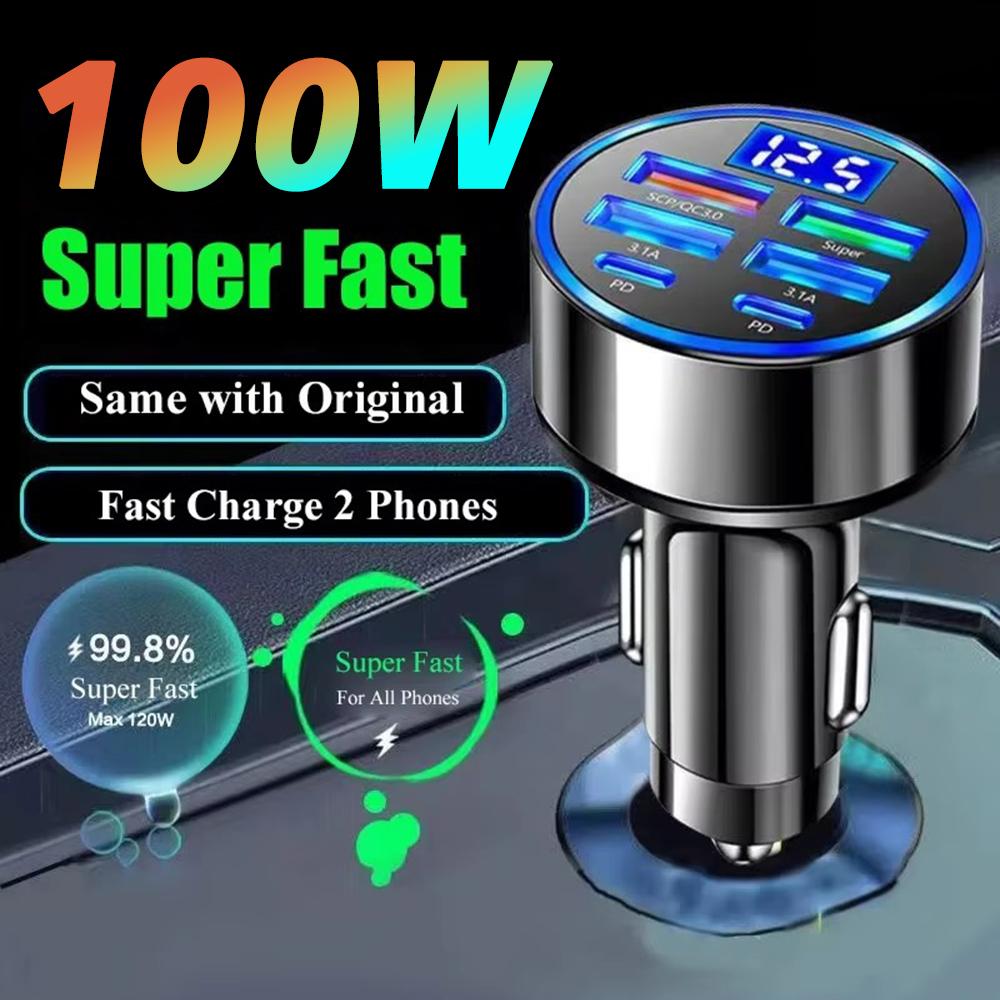 100W 6 Ports Fast Charging Car Charger PD QC3.0 USB C Car Phone Charger Type C Adapter in Car For iPhone Samsung Huawei Xiaomi