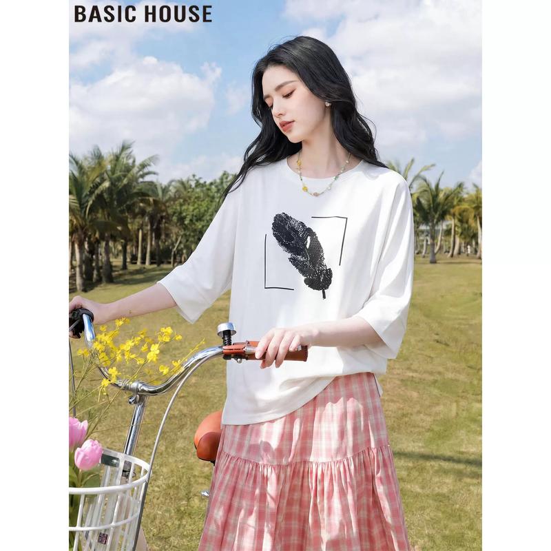 Basic House Women s Floral Print Loose Fit Cotton T-Shirt One Size