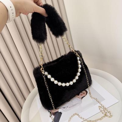 Fashionable Pearl Rabbit Fur Handbag Women's Crossbody Bag Chain Design Winter Small Versatile Shoulder Bag