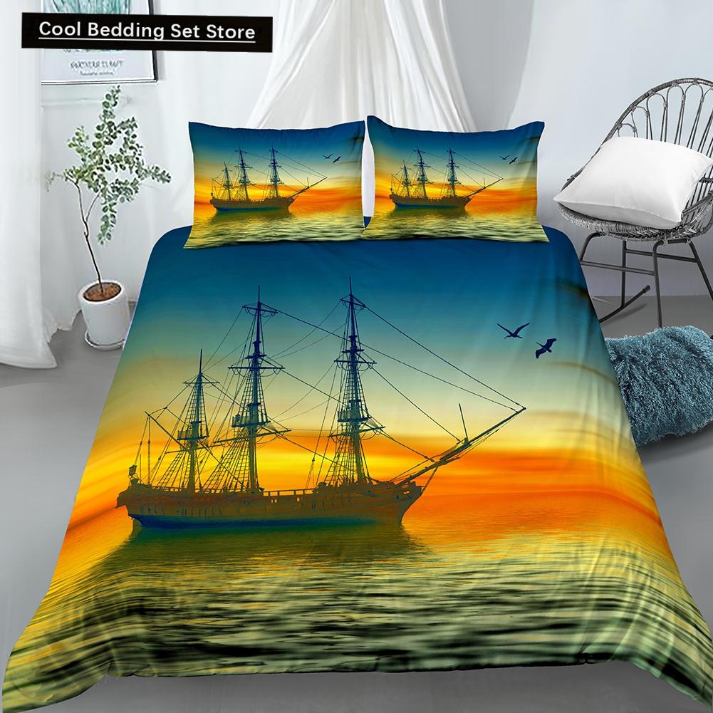 Nautical Sailboat Duvet Cover Queen King Size 3D Oil Painting Boat Style Bedding Set Ocean Soft 2/3pcs Polyester Quilt Cover