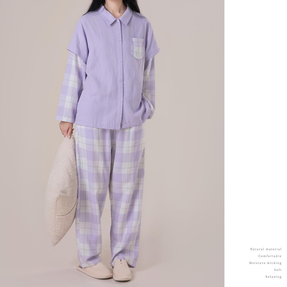 Yes Family Cotton Gauze Long Faux Layered Double Gauze Pajamas with Size Lavender Women's 100% Pajamas, Sleeves, Pants, Fall/Winter, M,