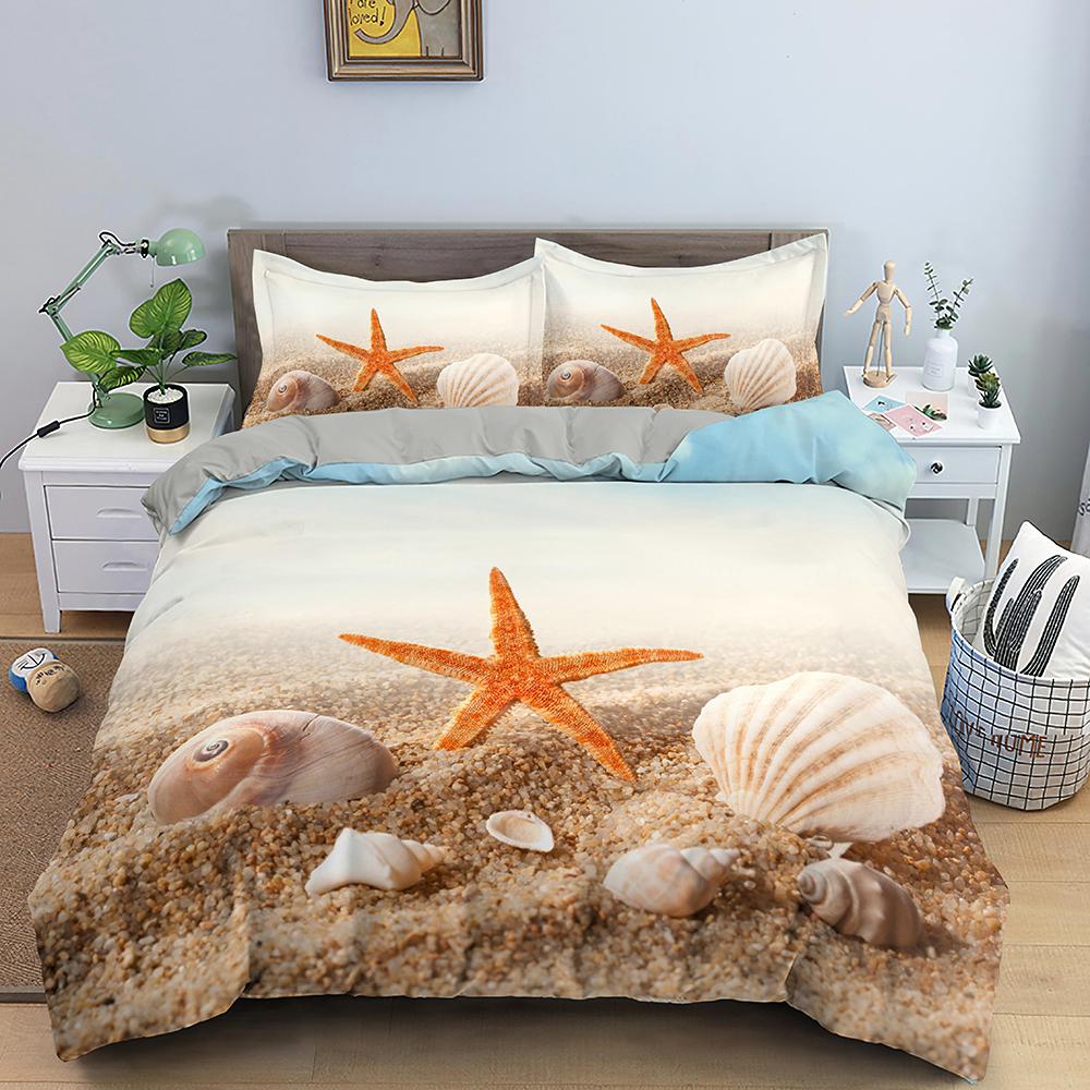 Blue Ocean King Queen Duvet Cover Cartoon Starfish Shell Bedding Set For Kid Teens Adults Sea Beach 2/3pcs Polyester Quilt Cover