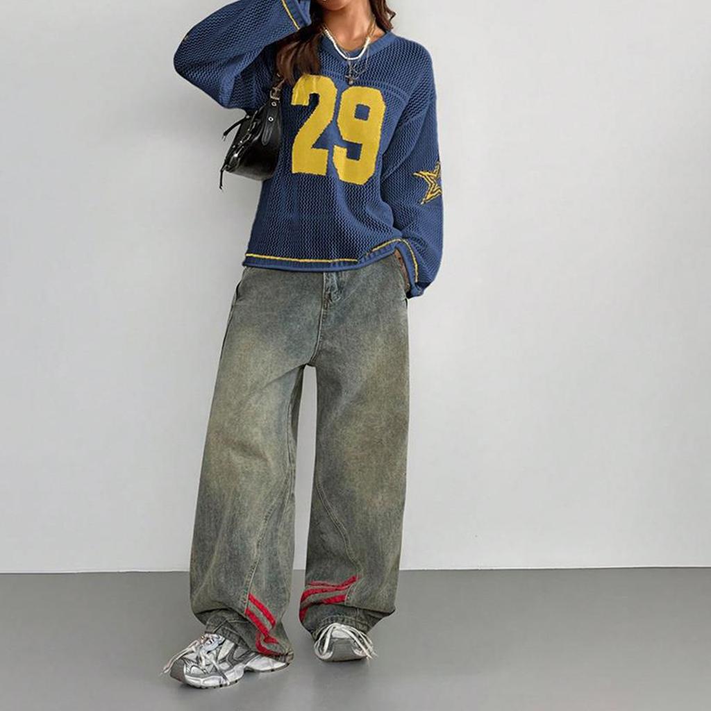 Women's Fashion Casual Street Trend Digital Printing V-Neck Long Sleeve Knit Top