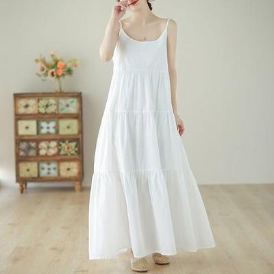 Cotton Halter Dress Women Summer Loose Sleeveless Large Size Loose Seaside Vacation Long Linen Skirt