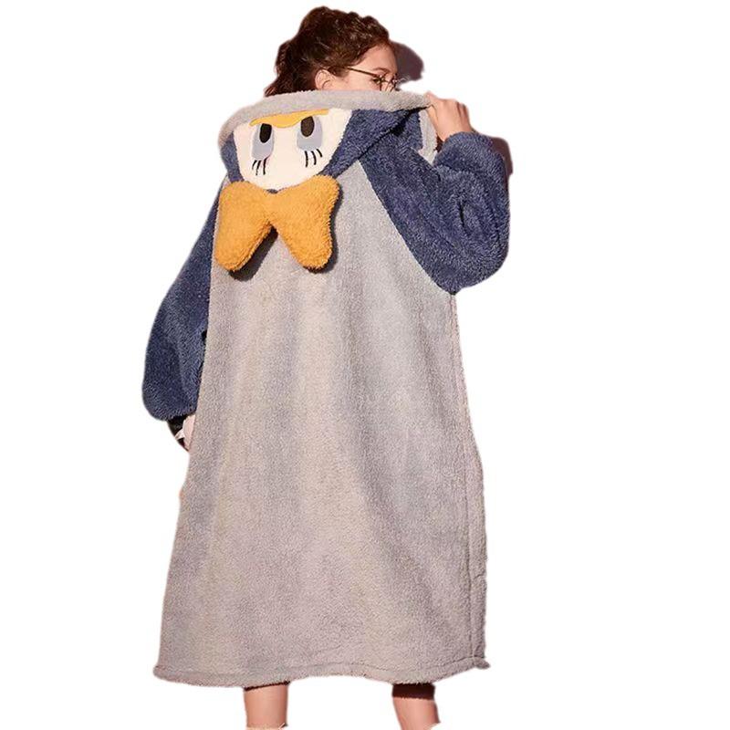 Women's Coral Fleece Hooded Pajama Set - Cute Cartoon Nightgown for Autumn/Winter