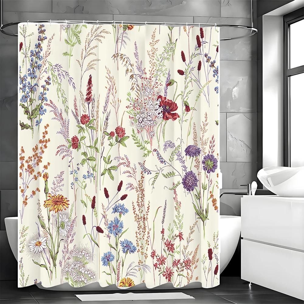 Elegant Wildflower Shower Curtain for a Nature-Inspired Bathroom, Featuring Vibrant Flowers and Herbs On a Soft Beige Background
