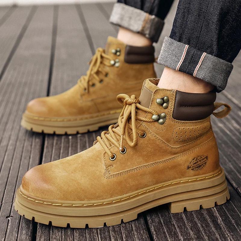 Male Shoes Genuine Leather Walking Boots Lace Up High Quality Outdoor Motocross Boots Men Thick Sole Men's Casual Shoes